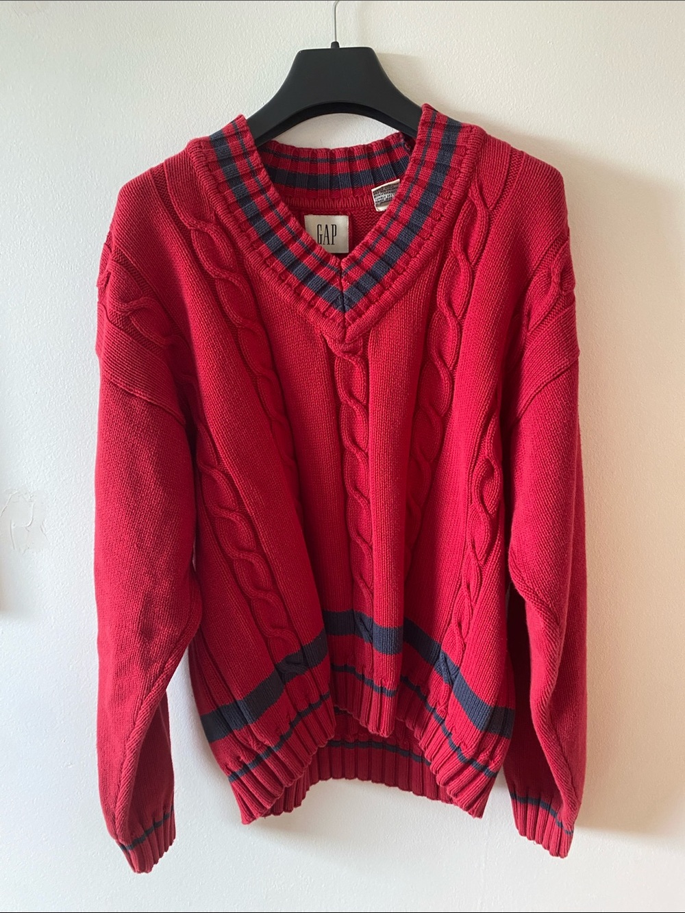 Vintage GAP Red Cable-Knit V-Neck Sweater with Navy Stripe Trim